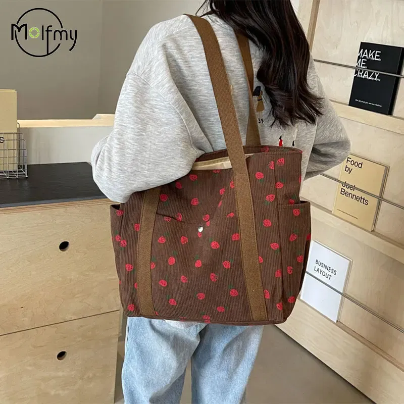 Color: SKY BLUE - Strawberries Corduroy Handbag Sweet Women's Bag Fashionable Versatile Shoulder Bag Beautiful Simple Commuter Women's Tote Bags