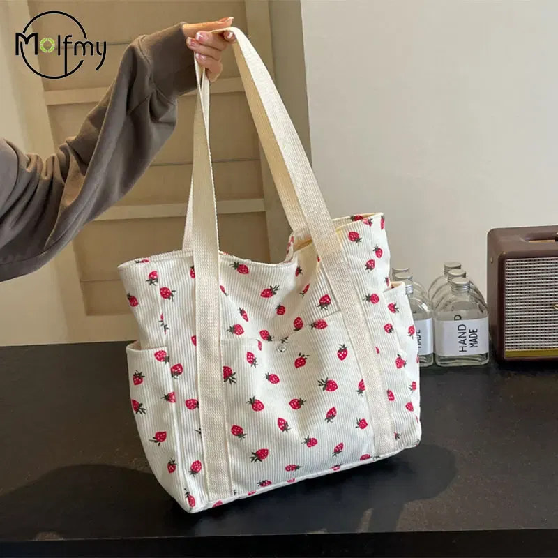 Color: SKY BLUE - Strawberries Corduroy Handbag Sweet Women's Bag Fashionable Versatile Shoulder Bag Beautiful Simple Commuter Women's Tote Bags