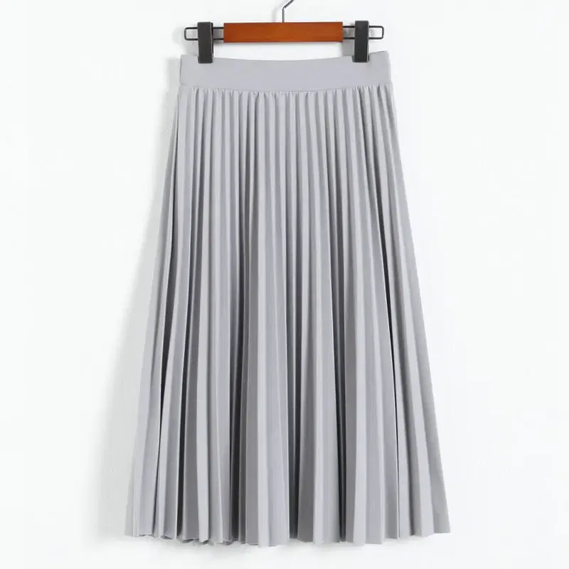 Color: GRAY, Size: One Size - Spring and Autumn New Fashion Women's High Waist Pleated Solid Color Half Length Elastic Skirt Promotions Lady Black Pink