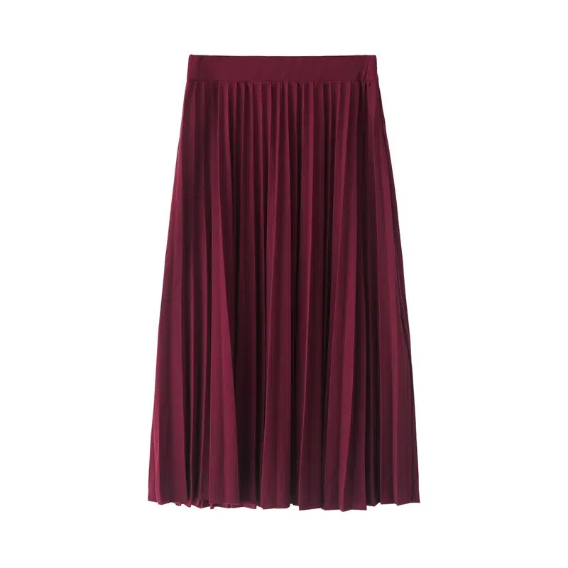 Color: GRAY, Size: One Size - Spring and Autumn New Fashion Women's High Waist Pleated Solid Color Half Length Elastic Skirt Promotions Lady Black Pink