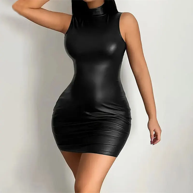 Size: M - Women Summer Sexy Party Strapless Bodycon Pu Leather Slim Package Hip Black Club Party Mini Short Dress Sundress Female Clothing