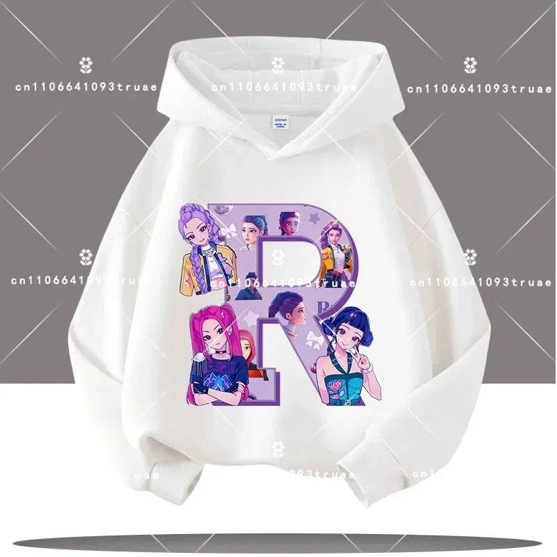Color: Pink, Kid Size: 6 - K-pop Demon Hunters Letter A-Z 3-12 Year Old Children Hooded Sweatshirt Girls' Casual Shirt Boys' Sports Shirt Cartoon Print