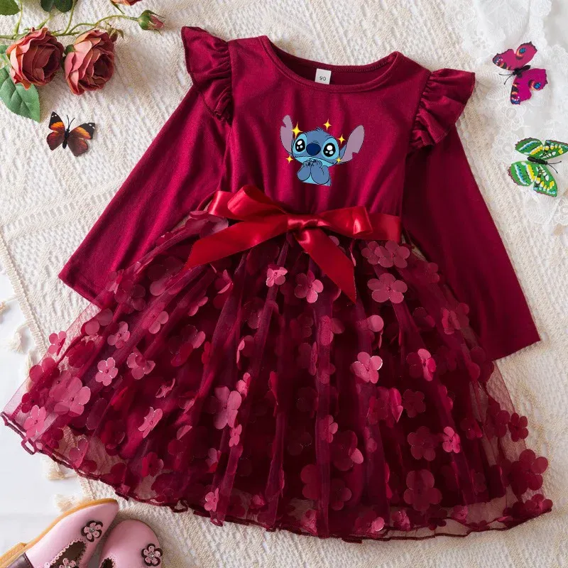 Color: DEEP BLUE, Size: One Size, Height: 164 - Lilo Stitch Girl Baby Dresses Spring Autumn Child Long Sleeve Sweet Princess Dress Mesh Newborn Casual Dress Birthday Party 2-6Y