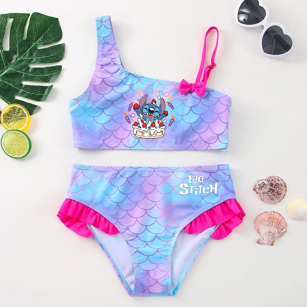 Color: Orange, Size: M - Lilo Stitch Girls Swimsuit One-Piece Bathing Suits Kids Wear Fashion Mermaid Fish Children's Dresses Summer Swimwear Beach Suit