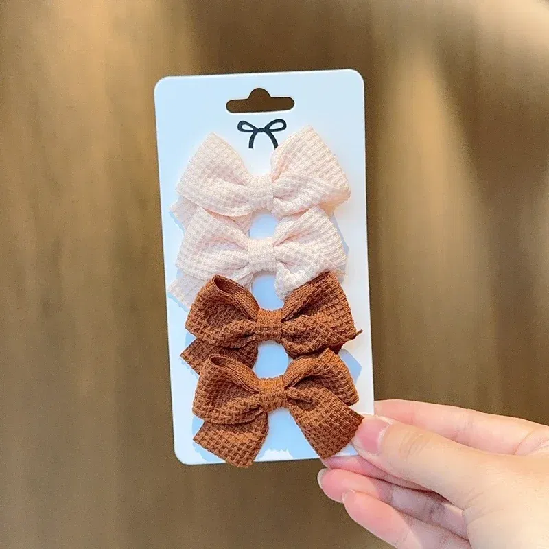 Color: Yellow - 4PCS Soft Cotton Bow Hairpin Girl Sweet Plaid Design Hairpin Color Block Delicate Hairgripe Barrettes Kawaii Child Accessories
