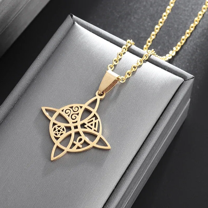 Metal Color: champagne gold - Stainless Steel Silver Color Pattern Witch Knot Pendant Necklace Celtic Knot Lucky Jewelry Gift for Friends Family