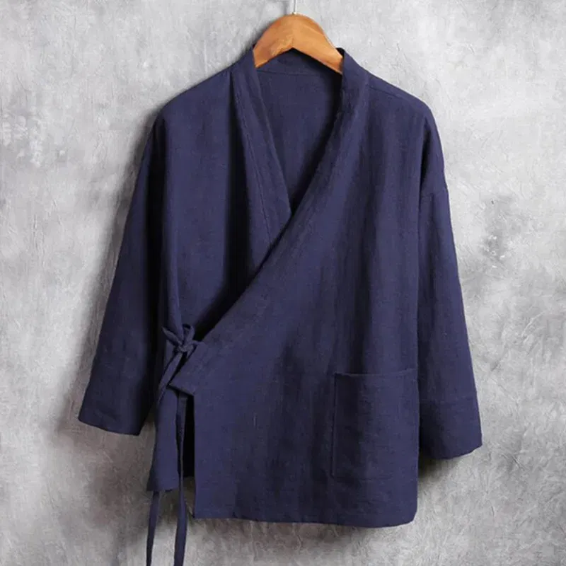 Color: Blue, Size: 4XL - Plus Size M-6XL Pure Color Men's Tops 2024 New Cotton Linen Oblique Placket Long Sleeve Linen Hanfu chinese Clothing Kimono