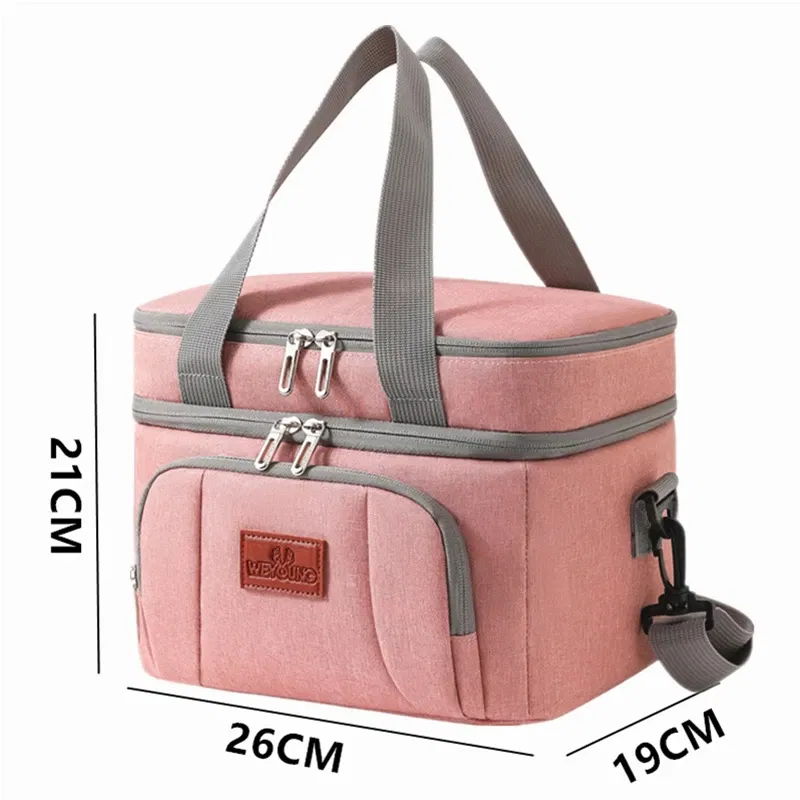 Color: Pink - Double Layer Lunchbox Storage Thermal Bag Large Capacity Tote Shoulder Food Drink Insulation Bags Outdoor Picnic Bento Lunch Bag