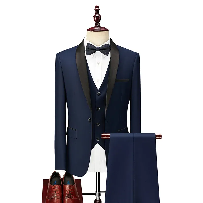 Color: Blue, Size: XXL - Shenrun Men Tuxedo Slim Fit Fashion Suit Wedding Shawl Lapel 3 Pieces Skinny Single Breasted Jacket Party Prom Singer Costume