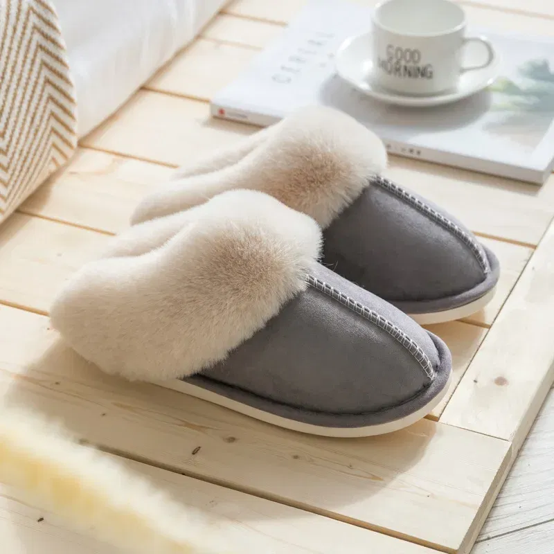 Color: GRAY, Shoe Size: 42 - Women's Faux Fur Slippers 2024 New Warm Thicked Plush Bedroom Sandals Woman Comfort Soft Sole Home Couple Winter Shoes Slides