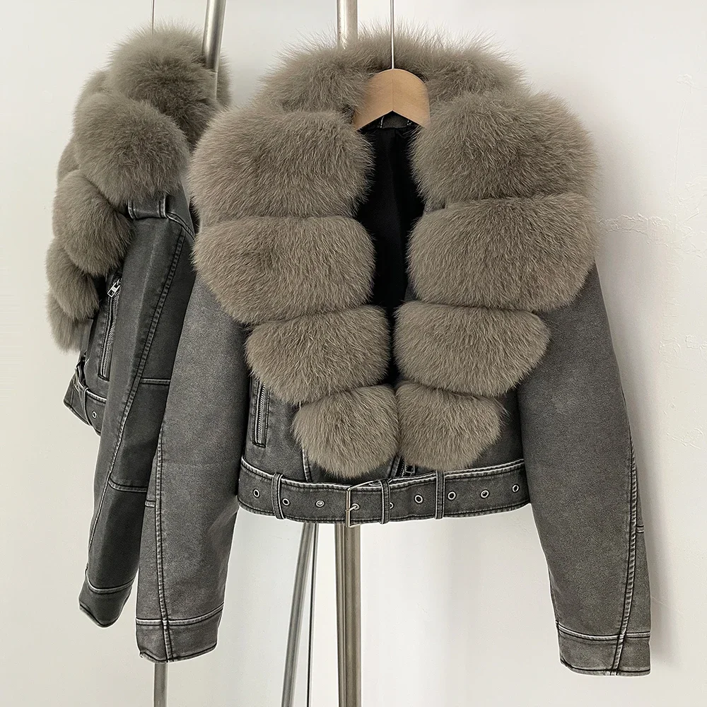 Color: Lavender, Size: XL - Fake Leather Coat New Natural Fox Fur Autumn Short Faux Leather Jacket Female Spring PU Women Long Sleeve Real Fur Coat Thin