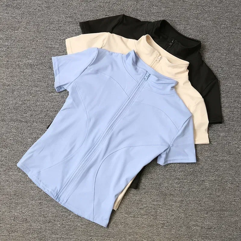 Color: Pink, Size: M - Summer High Quality Waist Slimming Training Tops Women's Quick-drying Tight Stand Collar Full Zipper Short Sleeves Yoga shirts