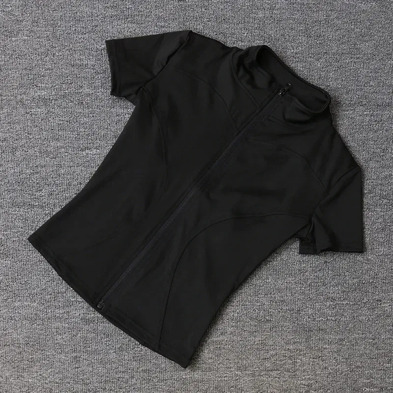 Color: Pink, Size: M - Summer High Quality Waist Slimming Training Tops Women's Quick-drying Tight Stand Collar Full Zipper Short Sleeves Yoga shirts