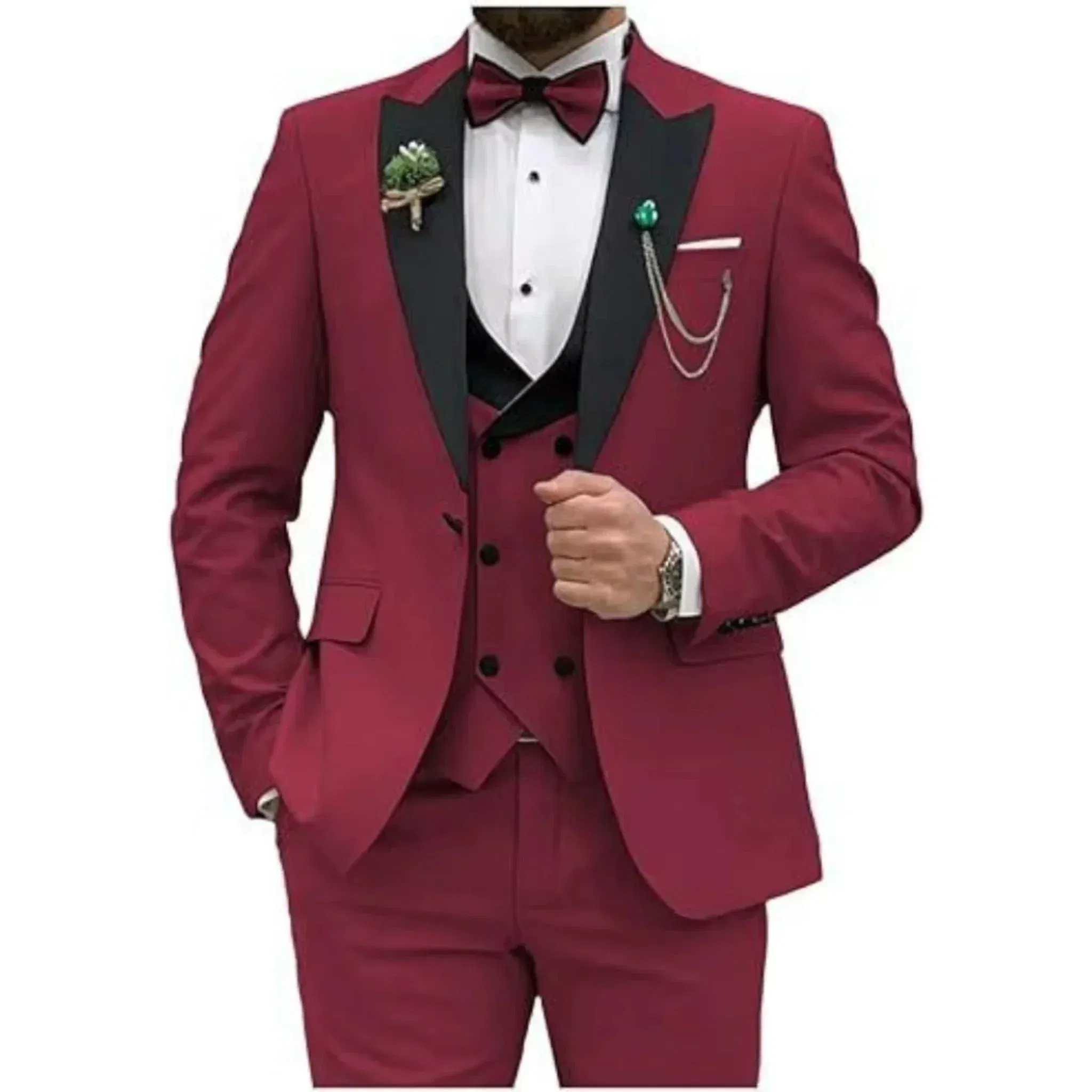 Color: Burgundy, Size: 6XL - Men Suit Colorful Luxury Blazer Vest And Pant Sets 3 Piece Birthday Dress Business Prom Evening Party Costumes High Quality