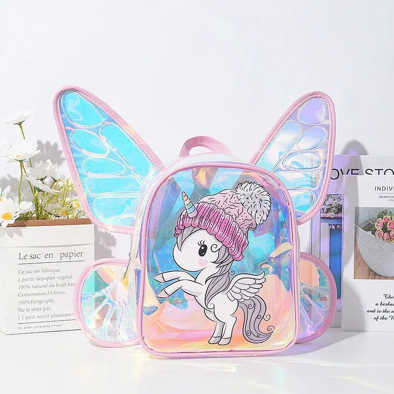 Color: Blue - New Fashion Butterfly Wings Backpack Children's Backpack Cute Unicorn Transparent TPU Trendy Backpack