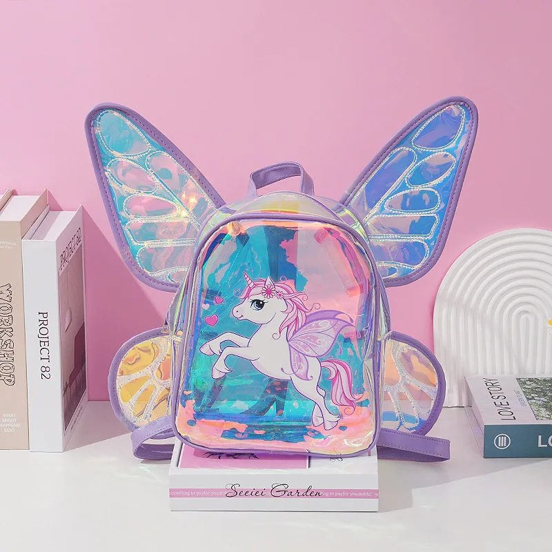 Color: Blue - New Fashion Butterfly Wings Backpack Children's Backpack Cute Unicorn Transparent TPU Trendy Backpack