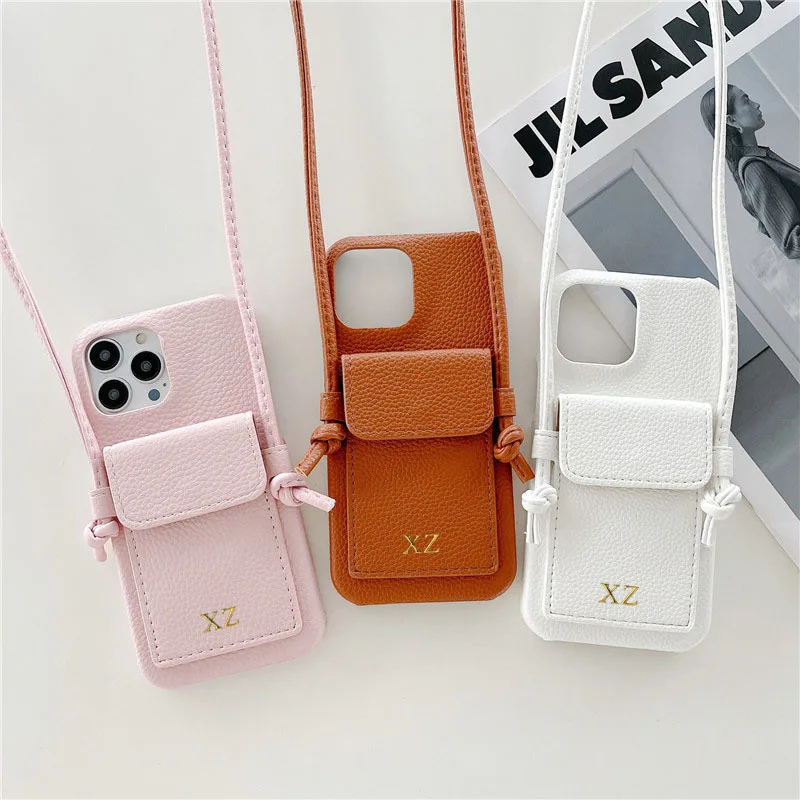 Color: Khaki, Material: Genuine leather - Personalized Gold Silver Letters Leather PU Card Holder Lanyard Hard Case For iPhone 14 13 12 11 15 Pro Max XS XR 16 Plus Cover