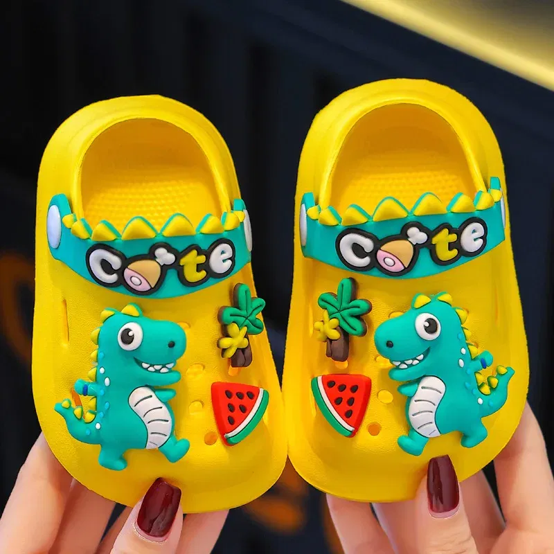 Color: Yellow, Shoe Size: 3.5 - Summer Childrens Slippers Hole Kids Sandals Soft Anti-Skid Cartoon Dinosaur DIY Design Indoor Anti-Slip Boys Girls Beach Shoes