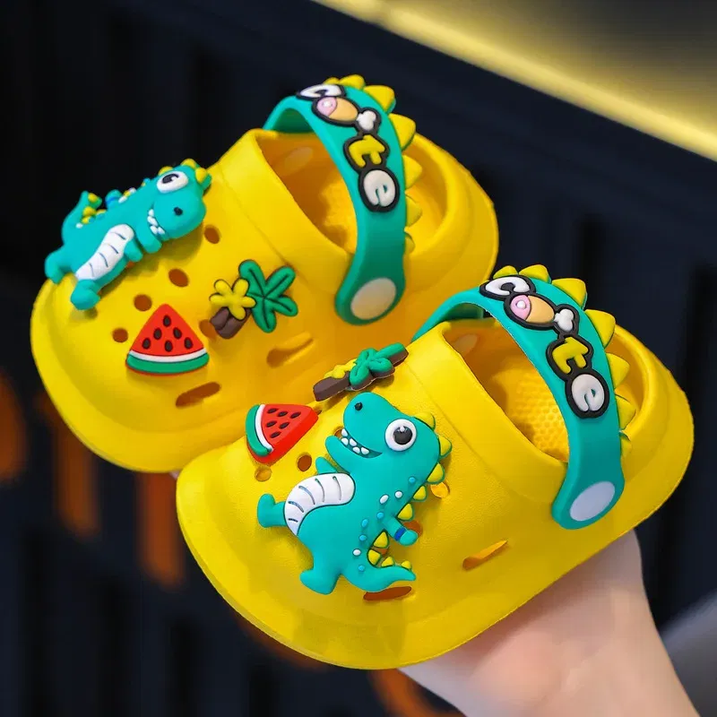 Color: Yellow, Shoe Size: 3.5 - Summer Childrens Slippers Hole Kids Sandals Soft Anti-Skid Cartoon Dinosaur DIY Design Indoor Anti-Slip Boys Girls Beach Shoes