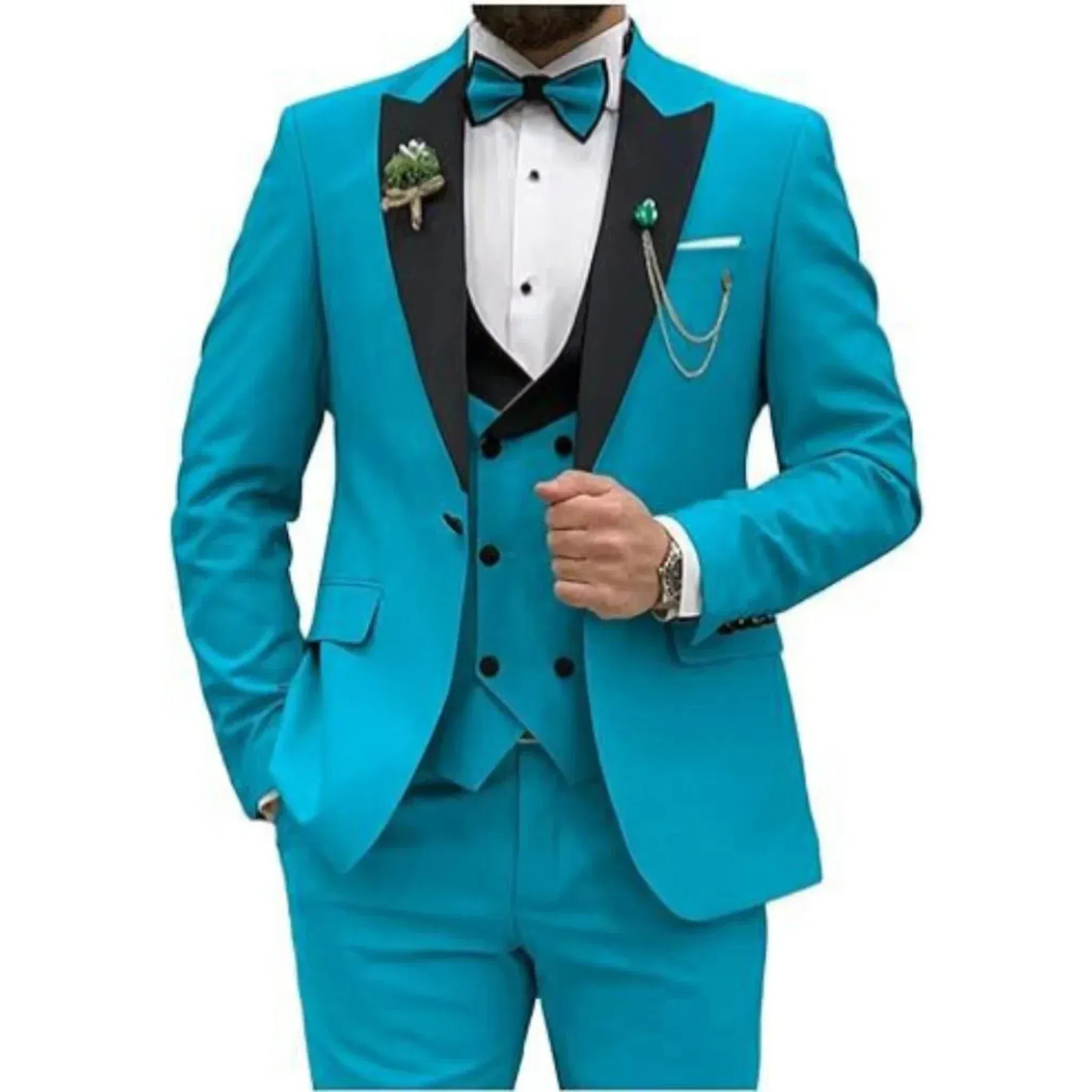 Color: SKY BLUE, Size: 5XL - Men Suit Colorful Luxury Blazer Vest And Pant Sets 3 Piece Birthday Dress Business Prom Evening Party Costumes High Quality
