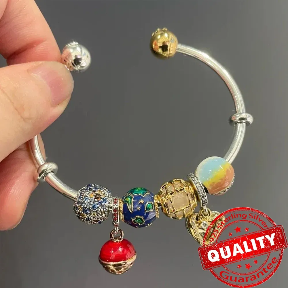 Gem Color: WHITE, Metal Color: Rhodium Plated - Luxury 925 Sterling Silver Sun & Moon Open Bangle Women Cuff Bracelet For Gold DIY Charm Jewelry Set Accessories Gift Making