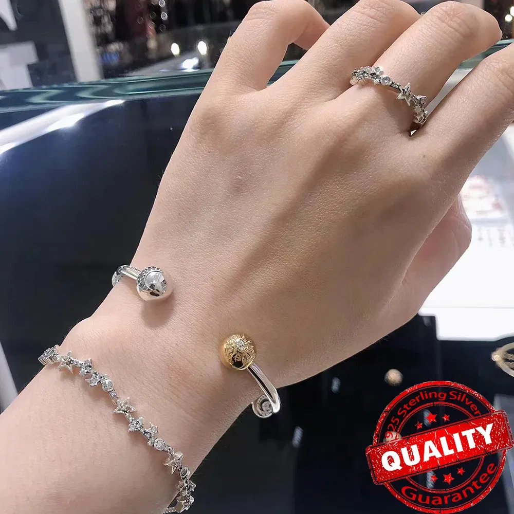 Gem Color: WHITE, Metal Color: Rhodium Plated - Luxury 925 Sterling Silver Sun & Moon Open Bangle Women Cuff Bracelet For Gold DIY Charm Jewelry Set Accessories Gift Making