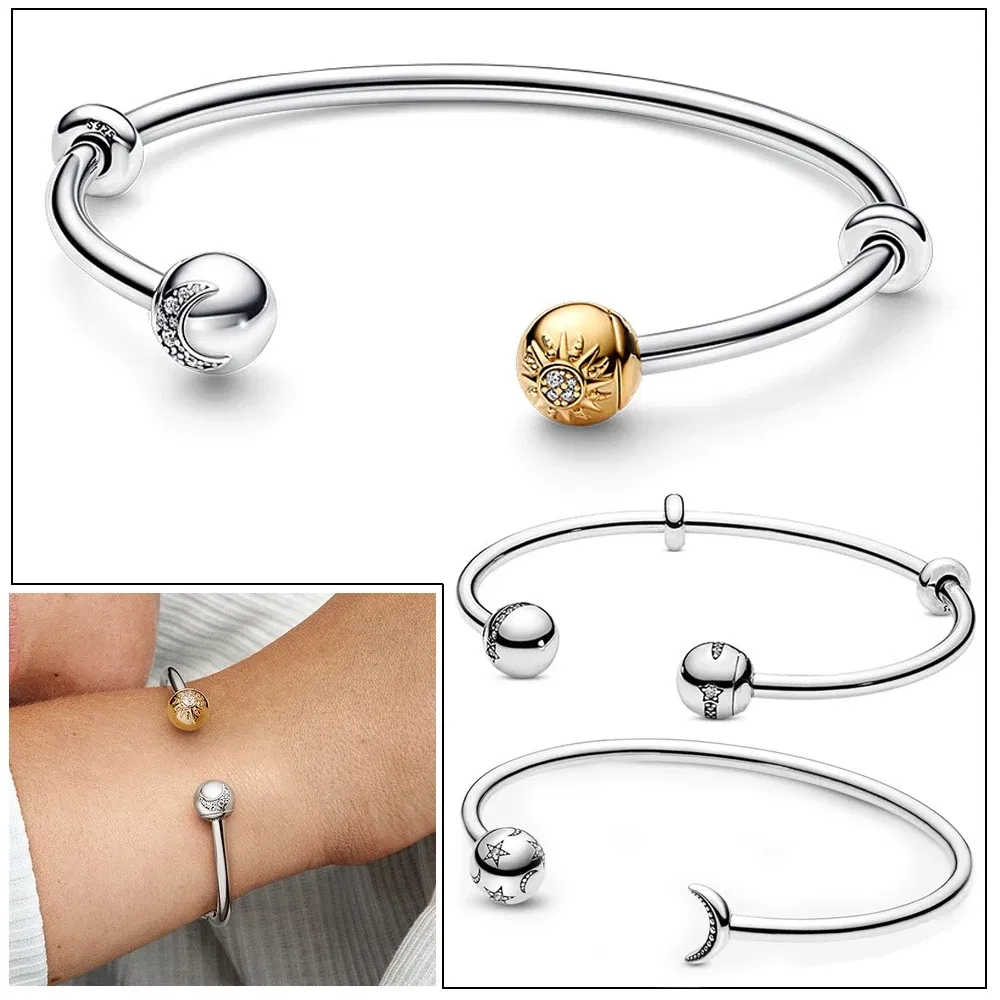 Gem Color: WHITE, Metal Color: Rhodium Plated - Luxury 925 Sterling Silver Sun & Moon Open Bangle Women Cuff Bracelet For Gold DIY Charm Jewelry Set Accessories Gift Making