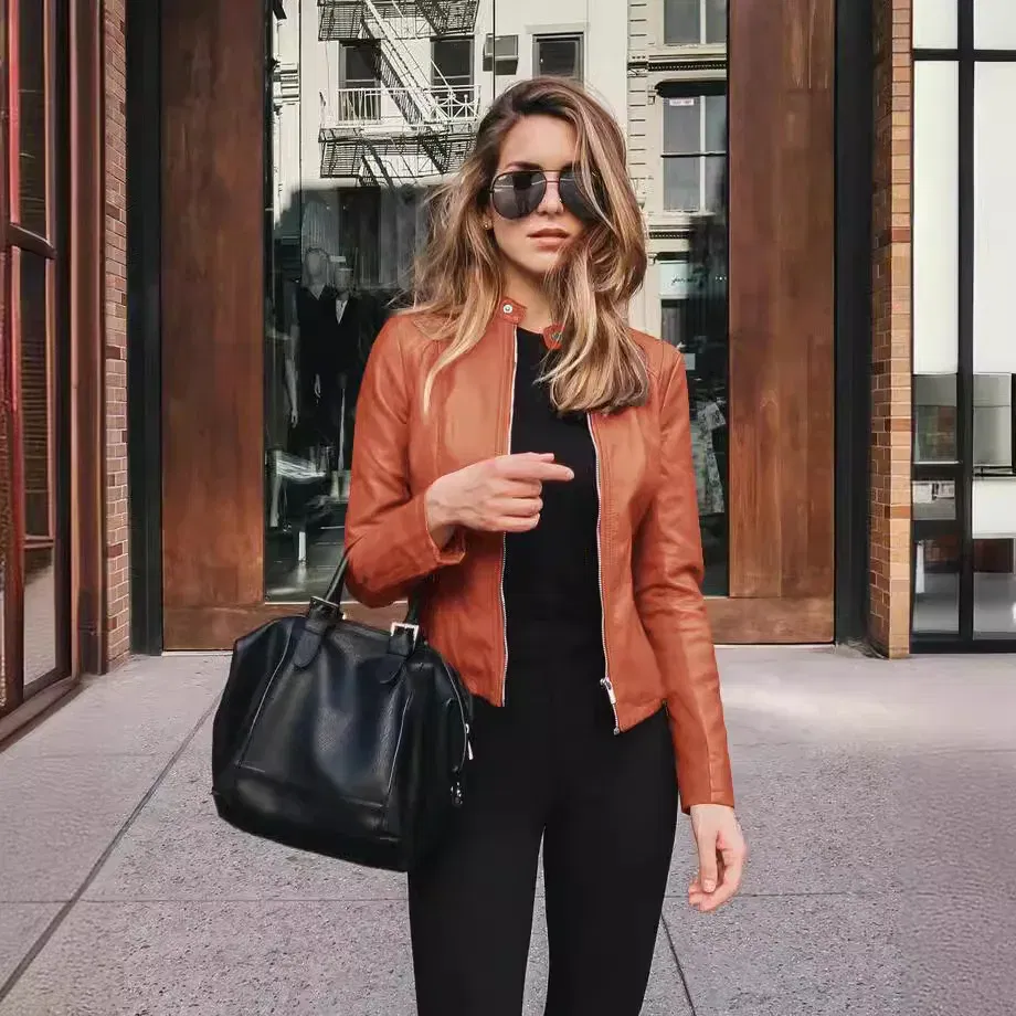 Color: Brown, Size: XXL - Womens Spring Full Long Sleeve Jacket Coat Autumn Leather Blazer Winter Zipper Outwear Suit Cardigan Female Jackets