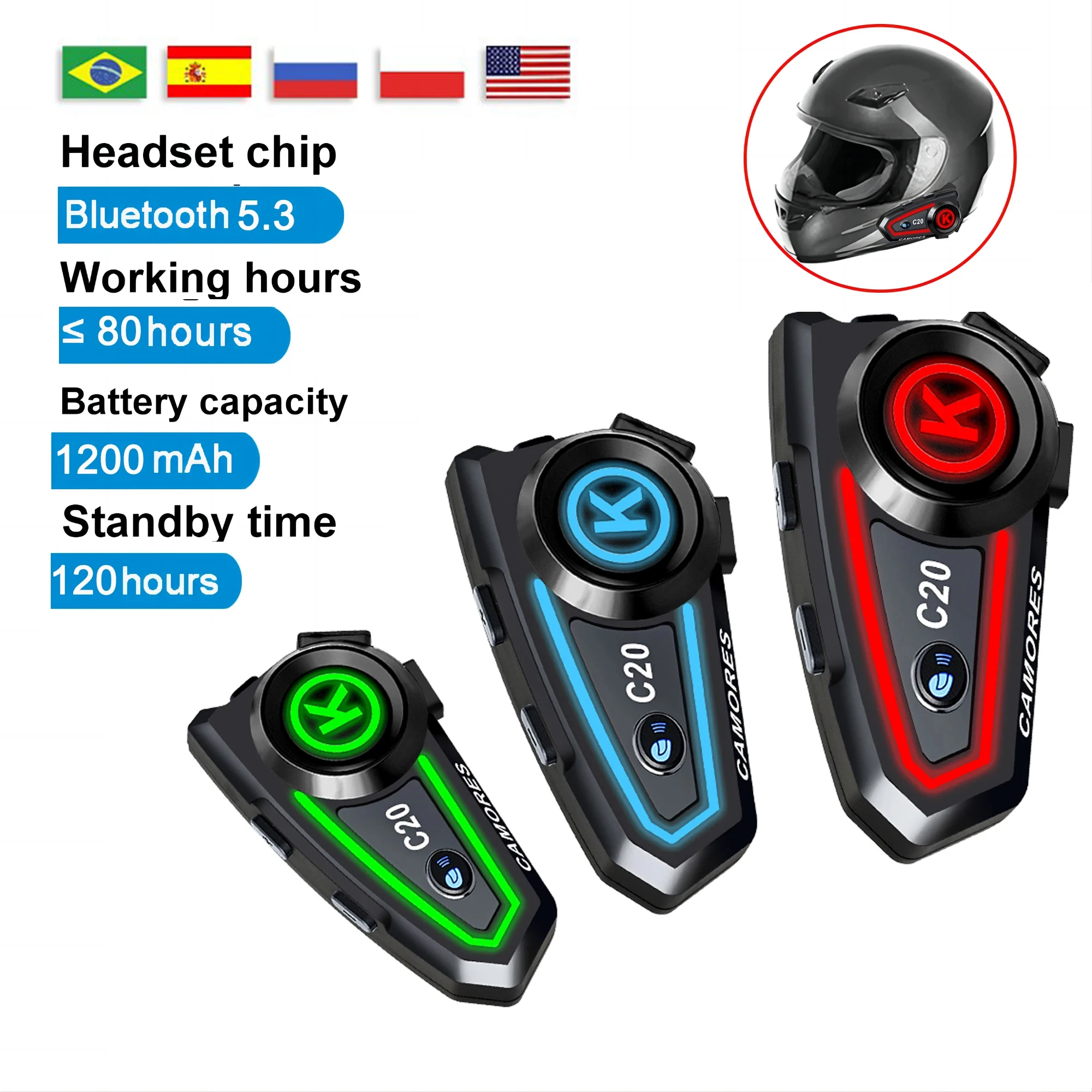 Color: Red - 2024 New Motorcycle Helmet Bluetooth Headset with Ambient Light Waterproof Music Player 1200Mah Bt5.3 Headset Hands-Free Calling
