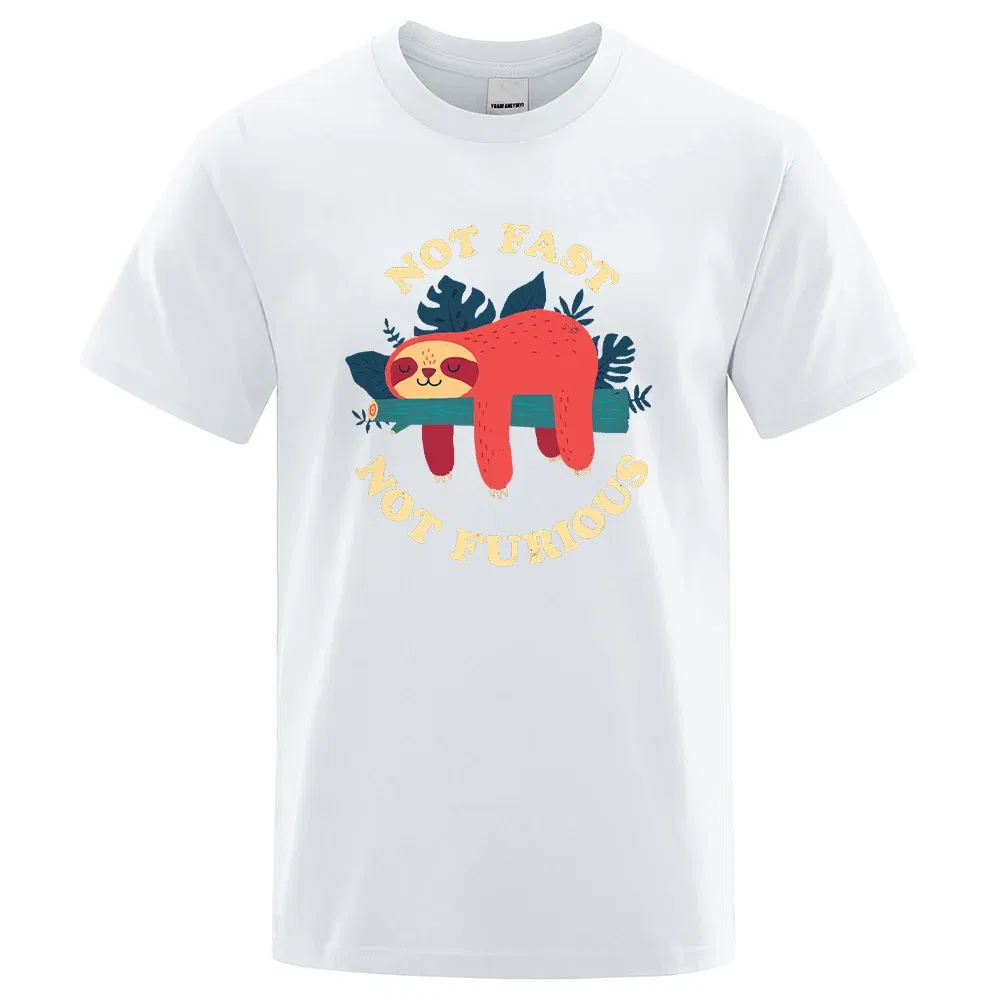 Color: WHITE, Size: XXXL - Not Fast Not Furious Sloth Cute Print Men Tee Shirts Breathable Cotton Tops Street Fashion T-shirt Women Casual Summer T Shirts