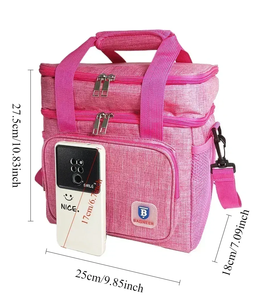 Color: Beige - BAGNEER Thermal Lunch Bag Camping Picnic Food Cooler Bags Insulated Case Waterproof Office School Lunchbag Shoulder Cooling Box