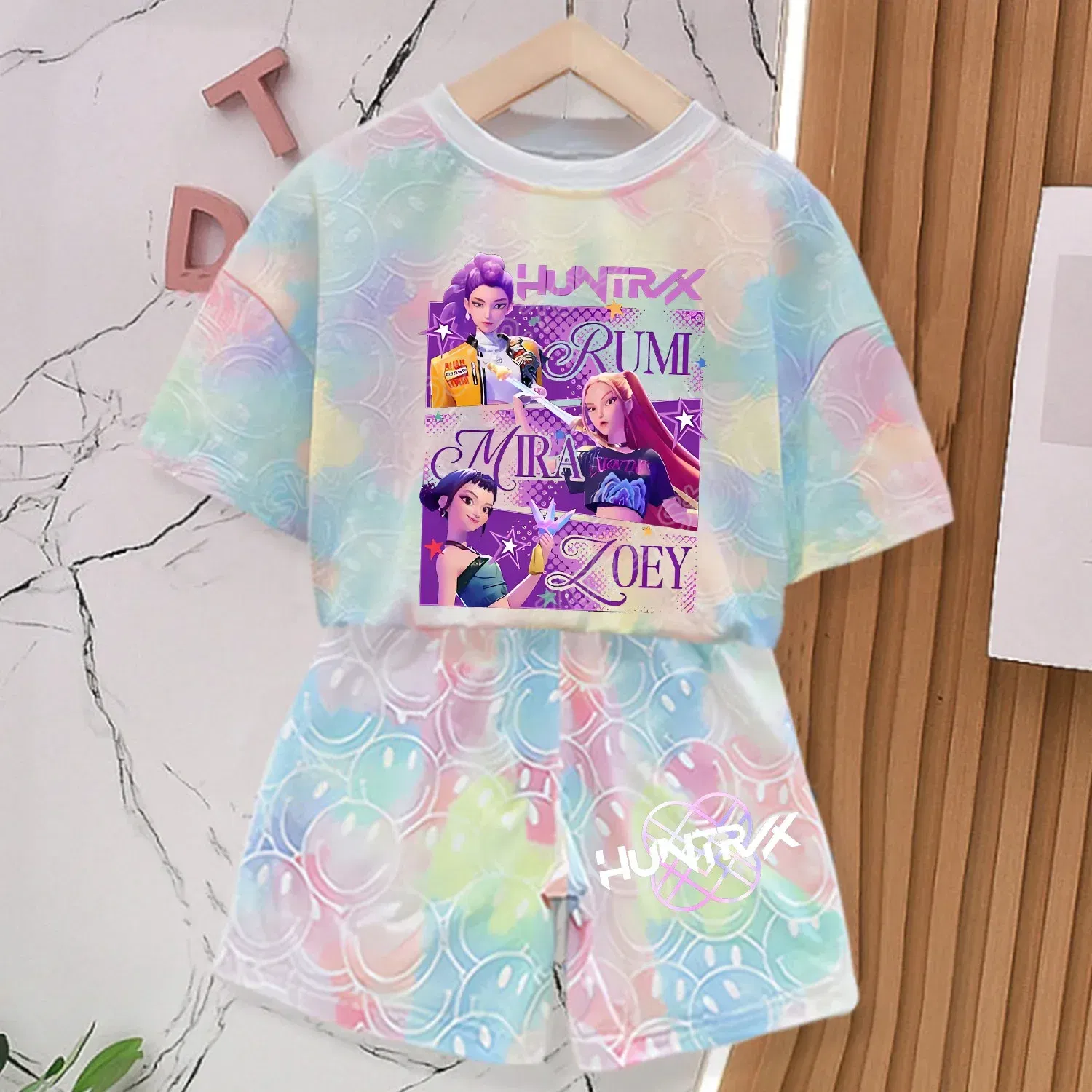 Color: Silver, Size: 3" - KPop Demon Hunters New T-shirt Pants Set Girls Summer Clothing Kawaii Smile Face Short Sleeve Outfits Kids Tee Top Pajamas Gift