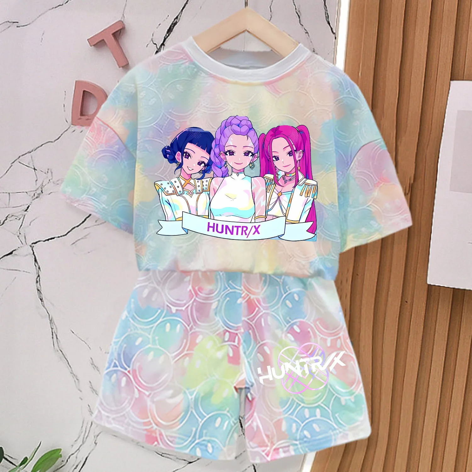 Color: Silver, Size: 3" - KPop Demon Hunters New T-shirt Pants Set Girls Summer Clothing Kawaii Smile Face Short Sleeve Outfits Kids Tee Top Pajamas Gift