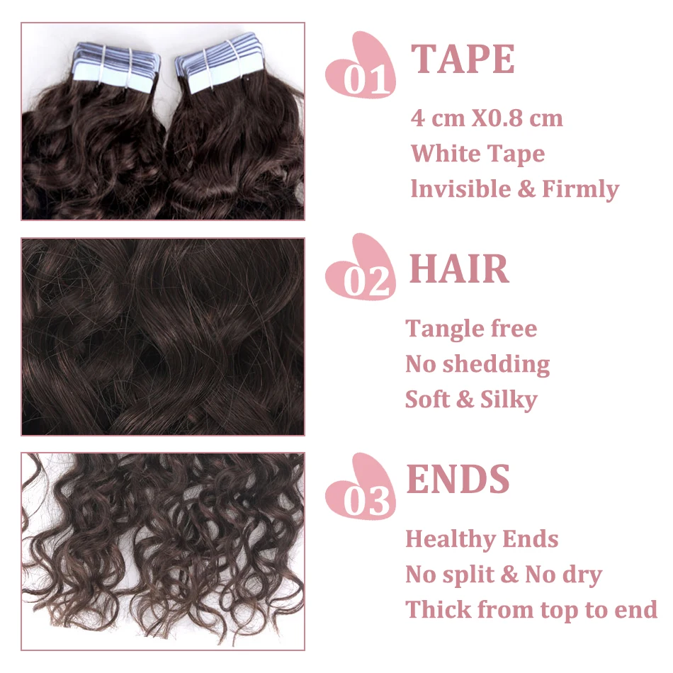 Color: #4, Length: 24 Inches, Items per Package: 40 pcs - Water Wave Tape in Human Hair Extensions 2g/pcs Dark Brown Real Human Hair Adhesive Invisible Keratin Hair Extensions for Women