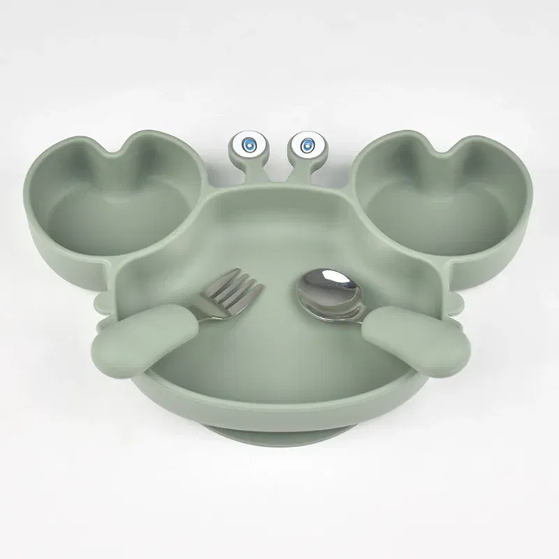 Color: WHITE, Ships From: CHINA - Baby Bowls Plates Fork spoon Set Silicone Suction Feeding Food Tableware BPA Free Non-Slip Baby Dishes Crab Food Feeding Bowl