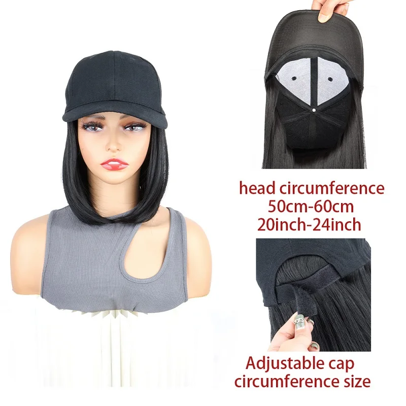 Color: Beige - Synthetic Short Straight Bobo Hat Wigs Baseball Cap Adjustable Black Brown Hairpiece for Women