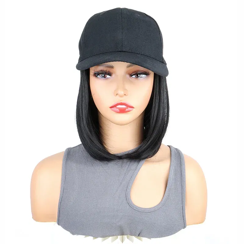 Color: Beige - Synthetic Short Straight Bobo Hat Wigs Baseball Cap Adjustable Black Brown Hairpiece for Women