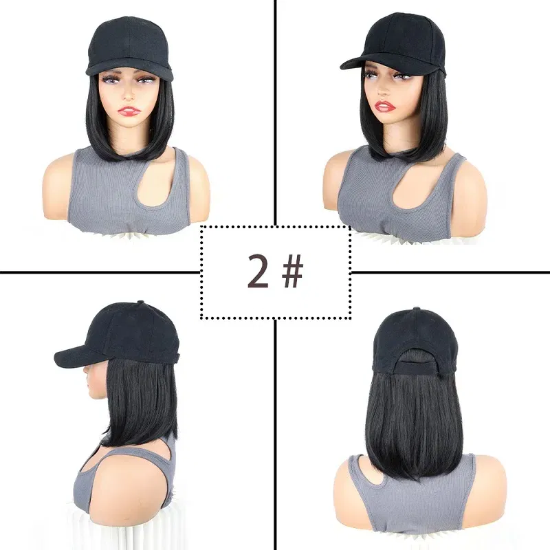 Color: Beige - Synthetic Short Straight Bobo Hat Wigs Baseball Cap Adjustable Black Brown Hairpiece for Women