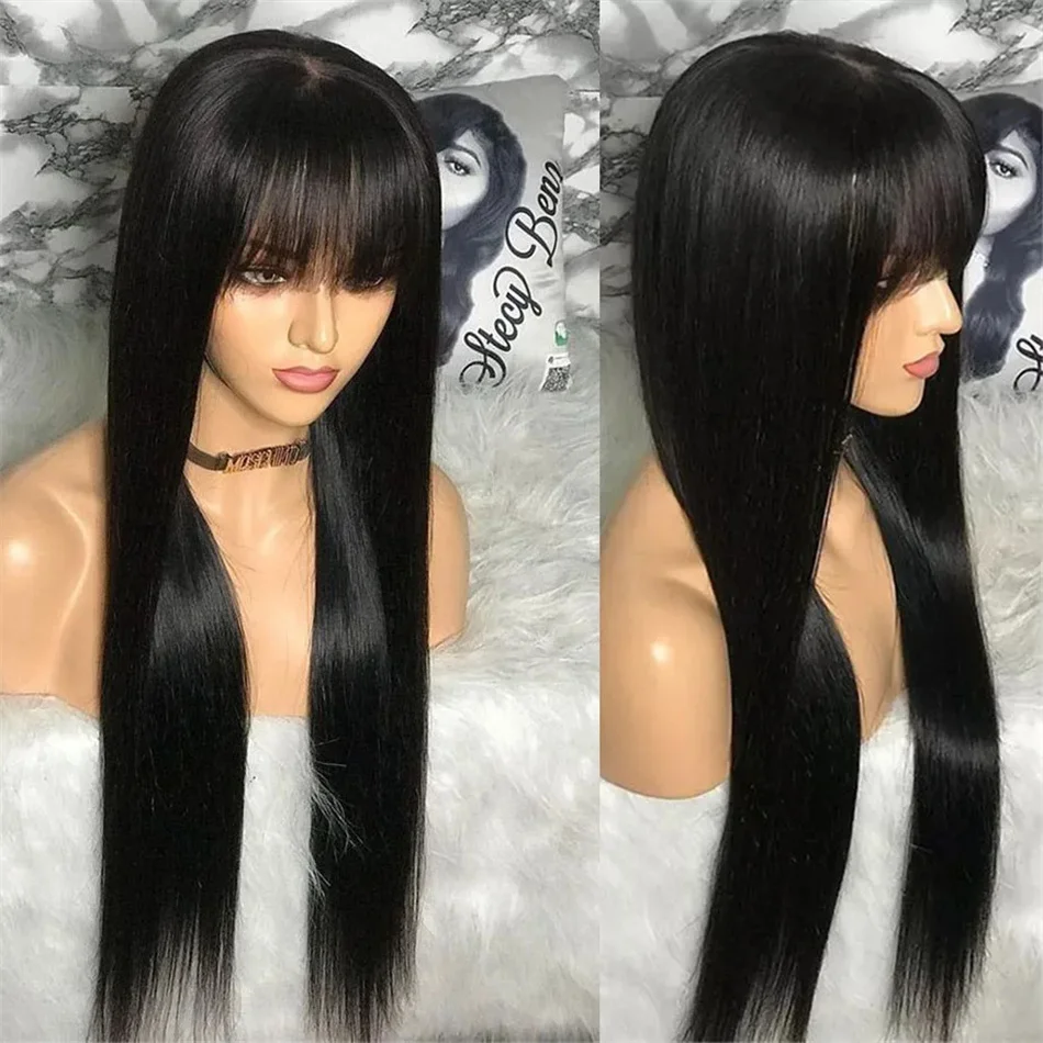 Stretched Length: 24inches, Density: 180% - Silky Wig Human Hair Full Machine Made Straight 100% Human Hair Wigs With Bangs For Women Brazilian Cheap Wig On Sale Clearance