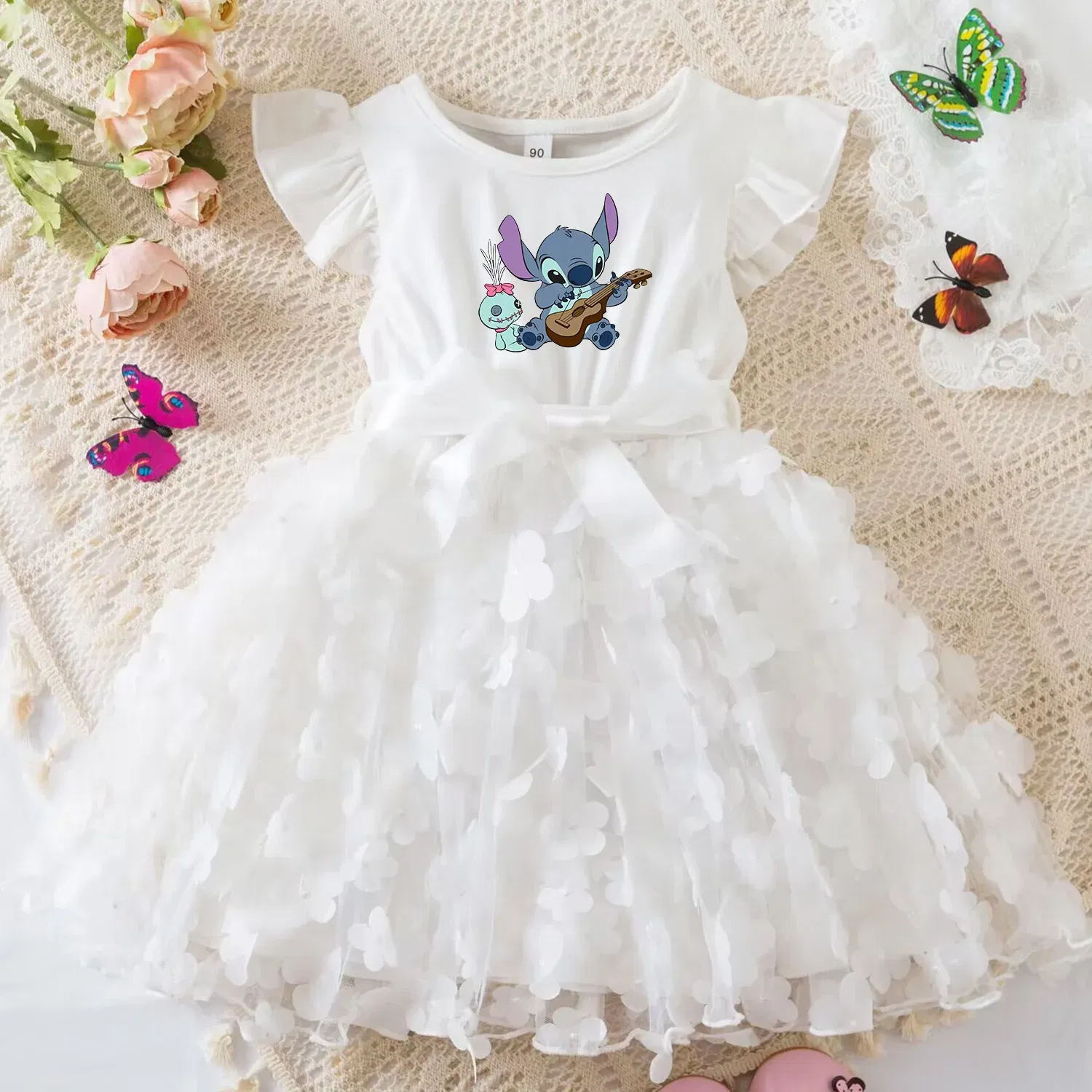 Color: Fuchsia, Size: XS - 3D Butterfly Cute Lilo Stitch Summer Dress for Kid's Casual Clothes Baby Girls Beautiful Princess Dress Party Dresses 2-6 Yrs