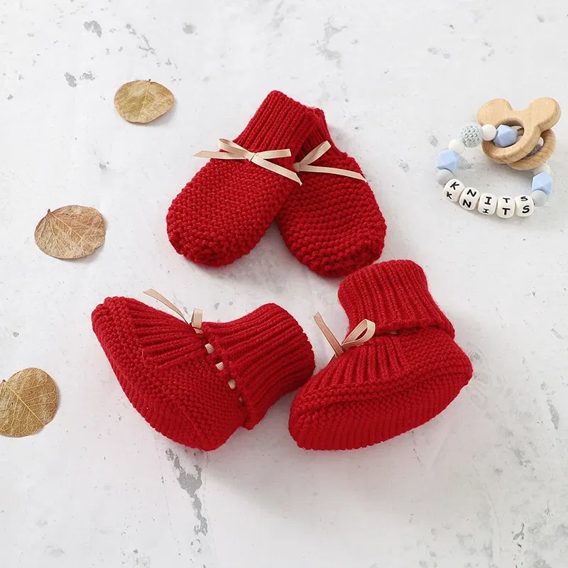 Color: Dark Grey, Baby Age: 19-24 Months - Baby Shoes + Gloves Set Knit Newborn Girls Boys Boots Mitten Fashion Butterfly-knot Toddler Infant Slip-On Bed Shoes Hand Made