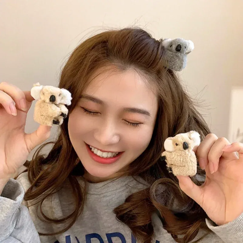 Color: Silver - 2021 Women Girls Cute Side Bangs Clip Plush Koala Bear Ornament Hair Clips Lady Soft Barrettes Hairpins Female Hair Accessories