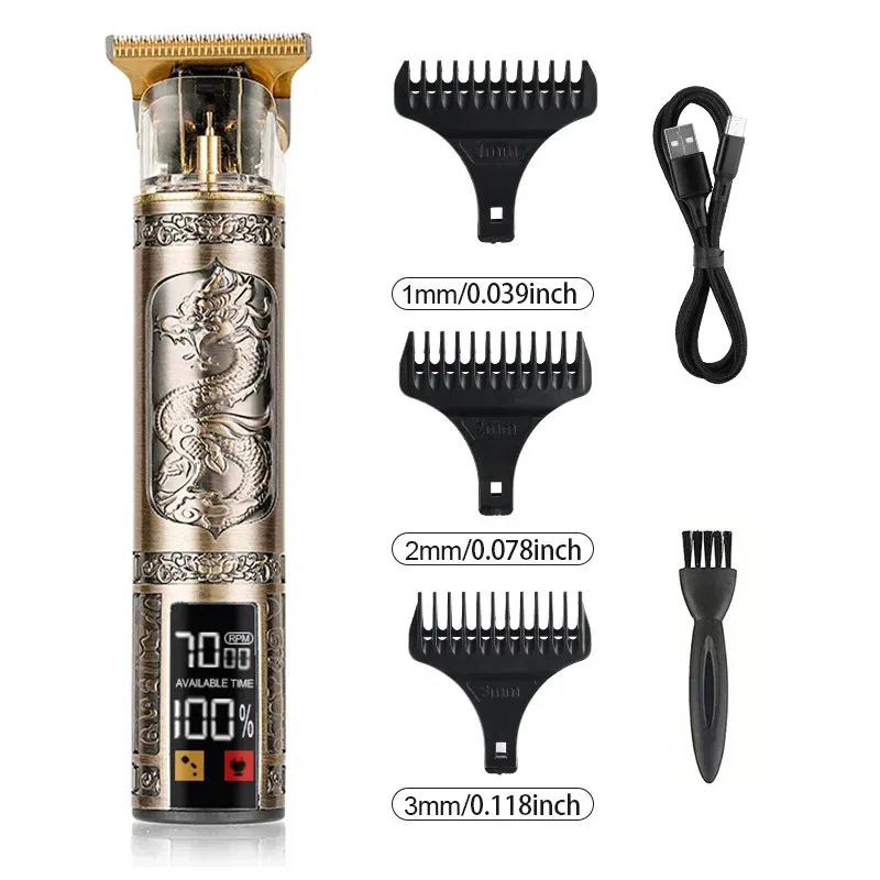 Color: Gold - T9 Hair Clipper Electric Clipper Hairdressing USB Electric Three-speed Speed Adjustment Large-screen Power Display Metal Shaver