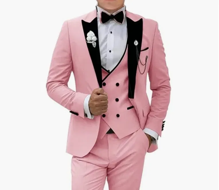 Color: Red, Size: L - Pink Prom Suit for Men 3 Piece Jacket Vest Pants Set Peaked Lapel Blazer Outfit Costume Birthday Party