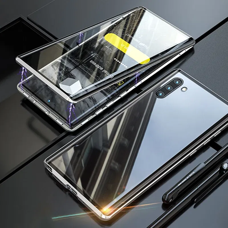 Color: Silver, Material: aluminum - Full Wrap Metal Bezel Case For Samsung Galaxy S23 S22 Ultra S21 S20 FE S24 Note 10 20 Lite Plus Double-Sided Glass Back Cover