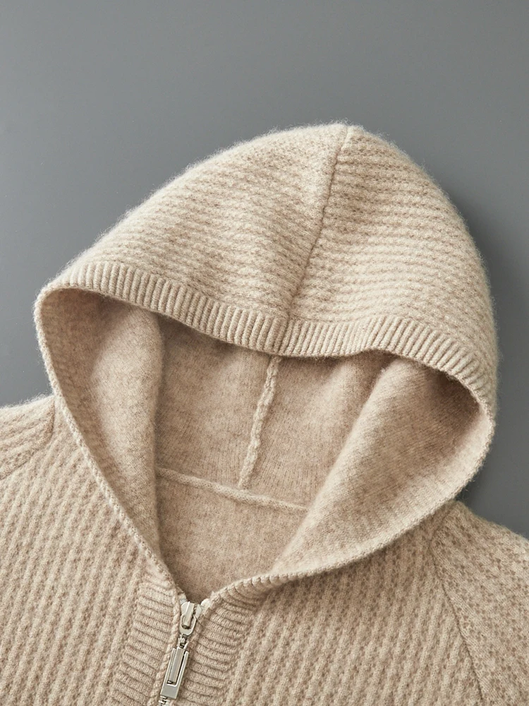 Color: WHITE, Size: M - Daily Clothes Autumn Winter Sweater Men's Coat 100% Merino Wool Sweater Cardigan Knitted Jacket Thicked Hooded Outerwears Trend