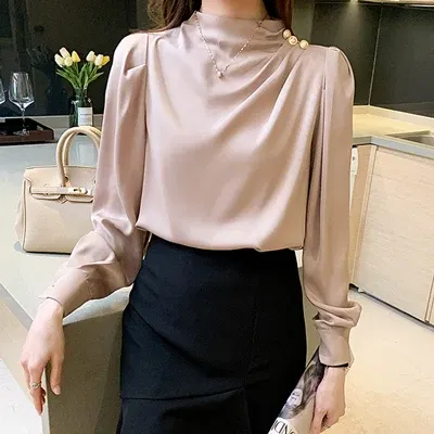 Color: Pink, Size: XXL, Ships From: CHINA - Spring Autumn Elegant Office Women Shirt Mujer Chic Satin Formal Lantern Sleeve Blouse Tops Loose Pullover Jumper Street Clothes