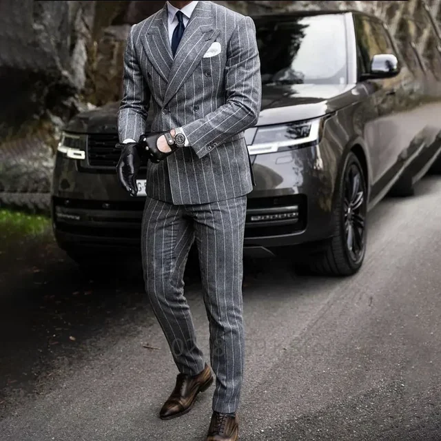 Color: GRAY, Size: 5XL - 2 Pieces Classic Men's Suit Formal Striped Wedding Suit Business Groom Prom Fashion Double Breasted Casual Slim Fit Blazer Pants