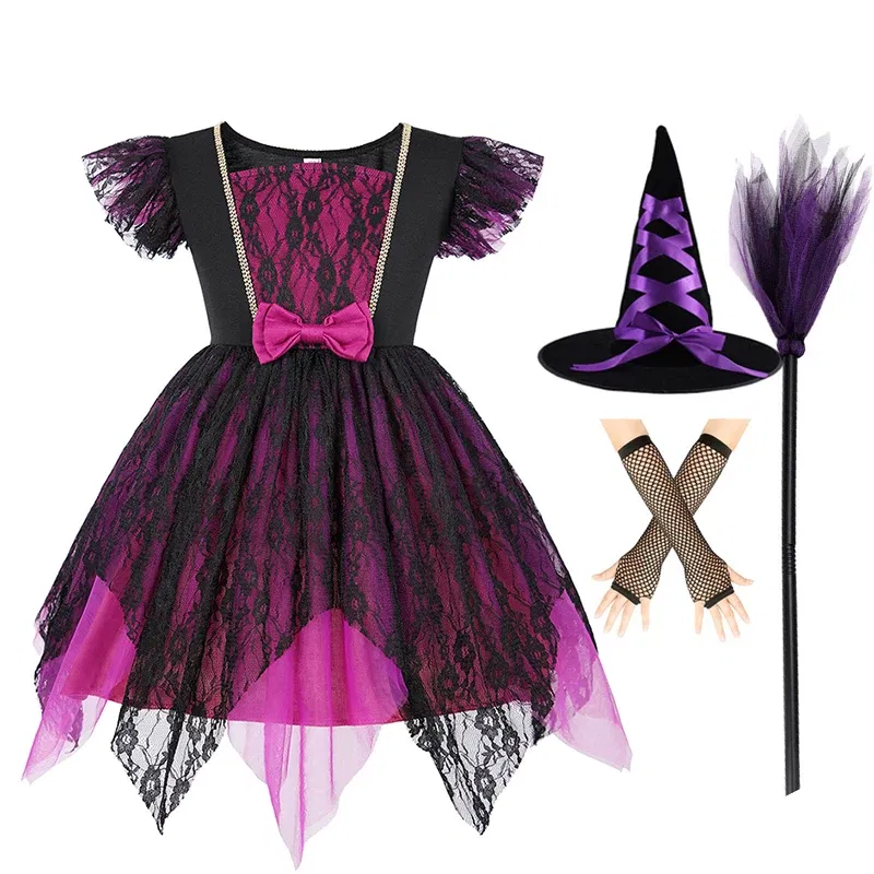 Color: Chocolate, Kid Size: 11 - Halloween Witch Tutu Dress for Girls Handmade Mesh Bat Wizard Cosplay Costumes with Hat Broom Toddler Evil Party Clothes Set