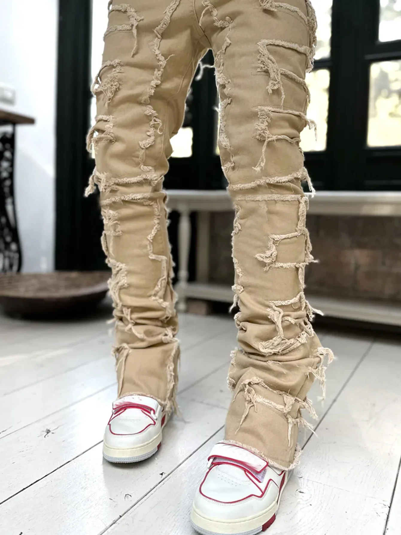 Color: GRAY, Size: S - Men's Regular Fit Stacked Jeans Ripped Slim Fit Patch Distressed Destroyed Straight Denim Pants Hip Hop Streetwear Trouser Cloth